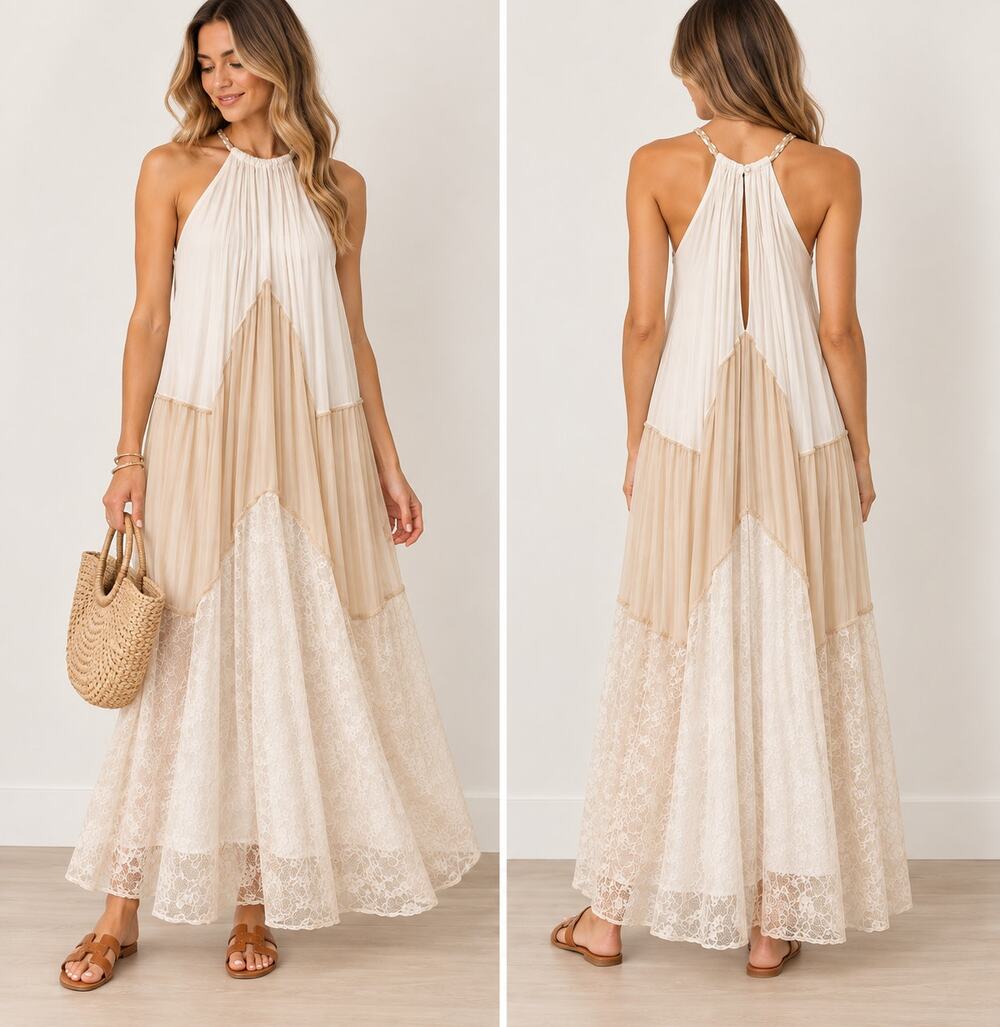 Gabby White & Beige Pleated Lace Halter Maxi Dress Size-M